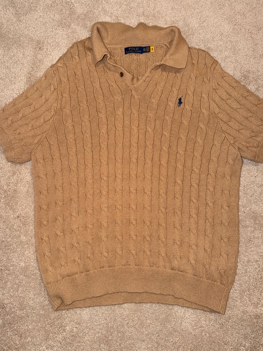 Ralph Lauren Tan Cable Knit Polo Sweater with Blue Pony